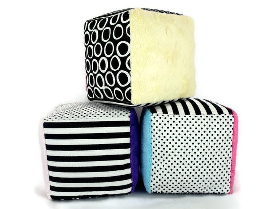 Minky Fabric Soft Blocks - Plush Stuffed - Black and White Polka Dots Stripes Striped - Set of Three - Choose Your Minky Color
