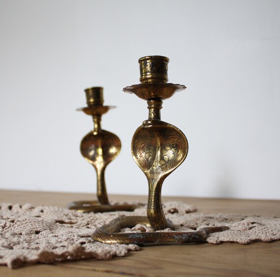 Pair of Tibetan Brass Snake Candle Holders by vintageonthemake