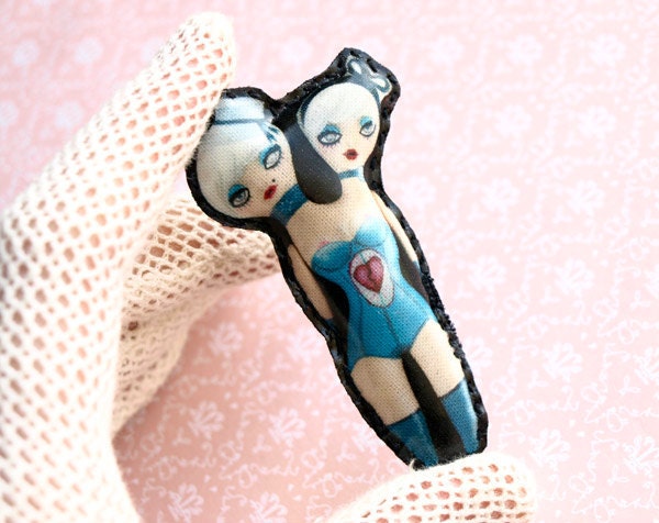 miniature art doll brooch - Amy and May - conjoined twins
