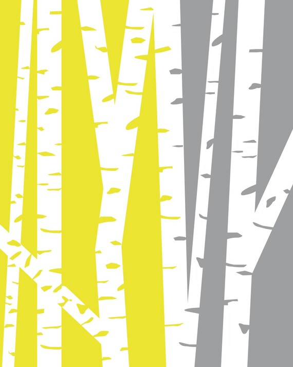 Yellow and Gray Modern Birch Trees  8x10 print
