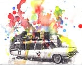 Ghostbuster's Wagon Art Print From Original Watercolor Painting - 8 x 10 in. Ghostbusters Art Print Buy 2 and receive a Third Print Free