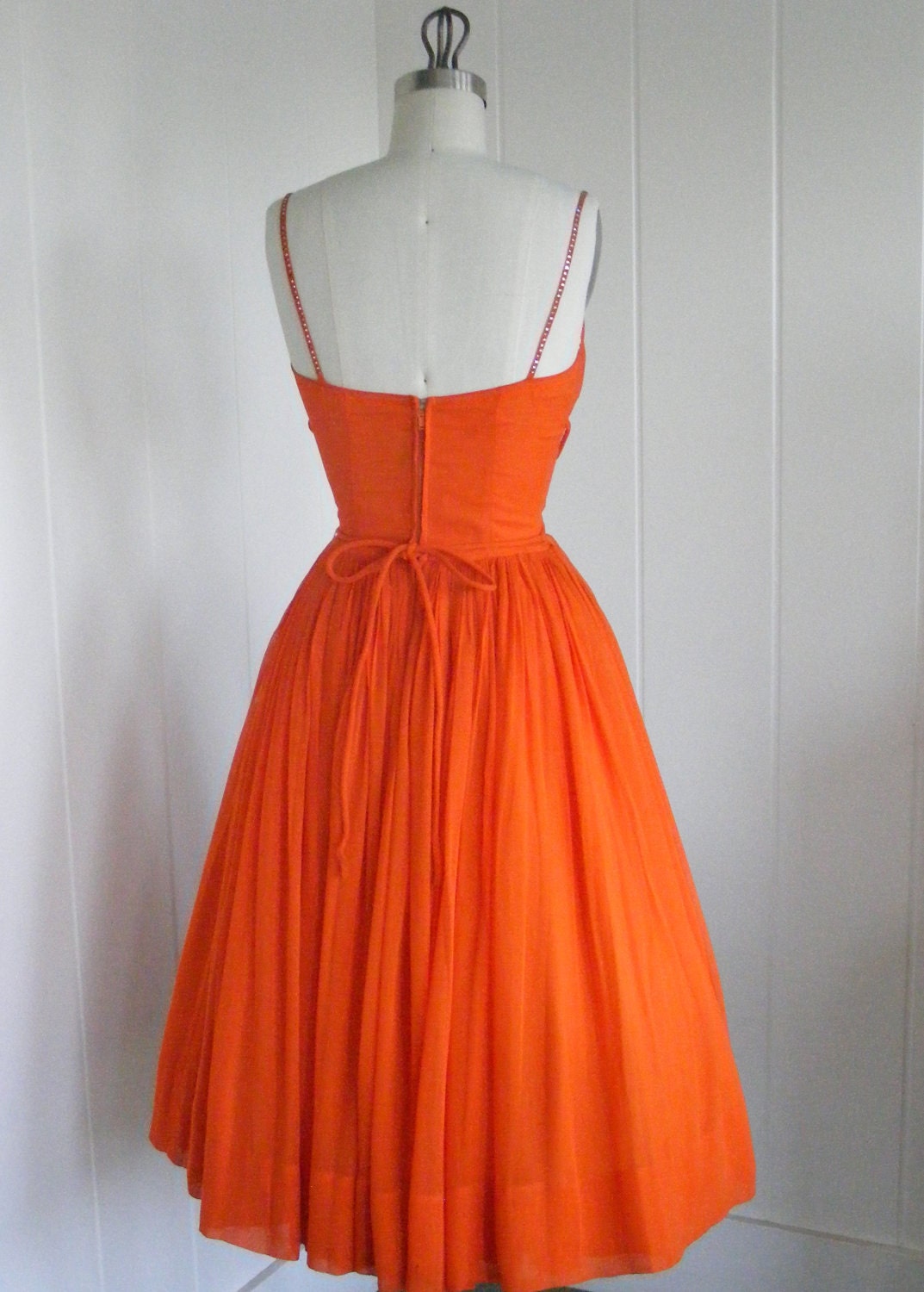 1950's VIntage  Tangerine Orange Shelf Bust Chiffon Prom Dress with Rhinestone straps.