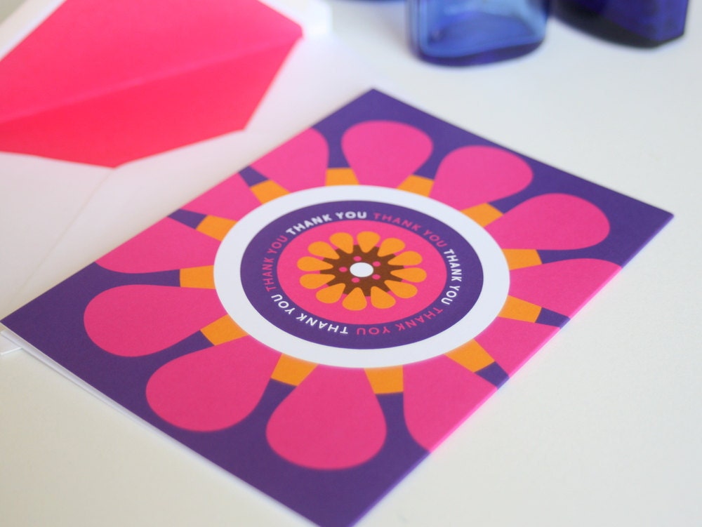 Thank You 4x6 card in bright purple and pink, gerbera daisy design in citrus bright summer colours