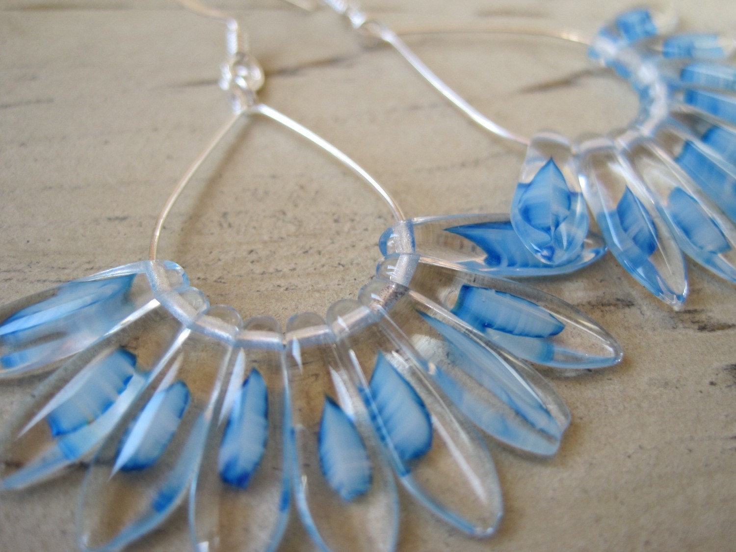 Ice Water (handmade blue and clear glass dagger beaded hoop earrings)