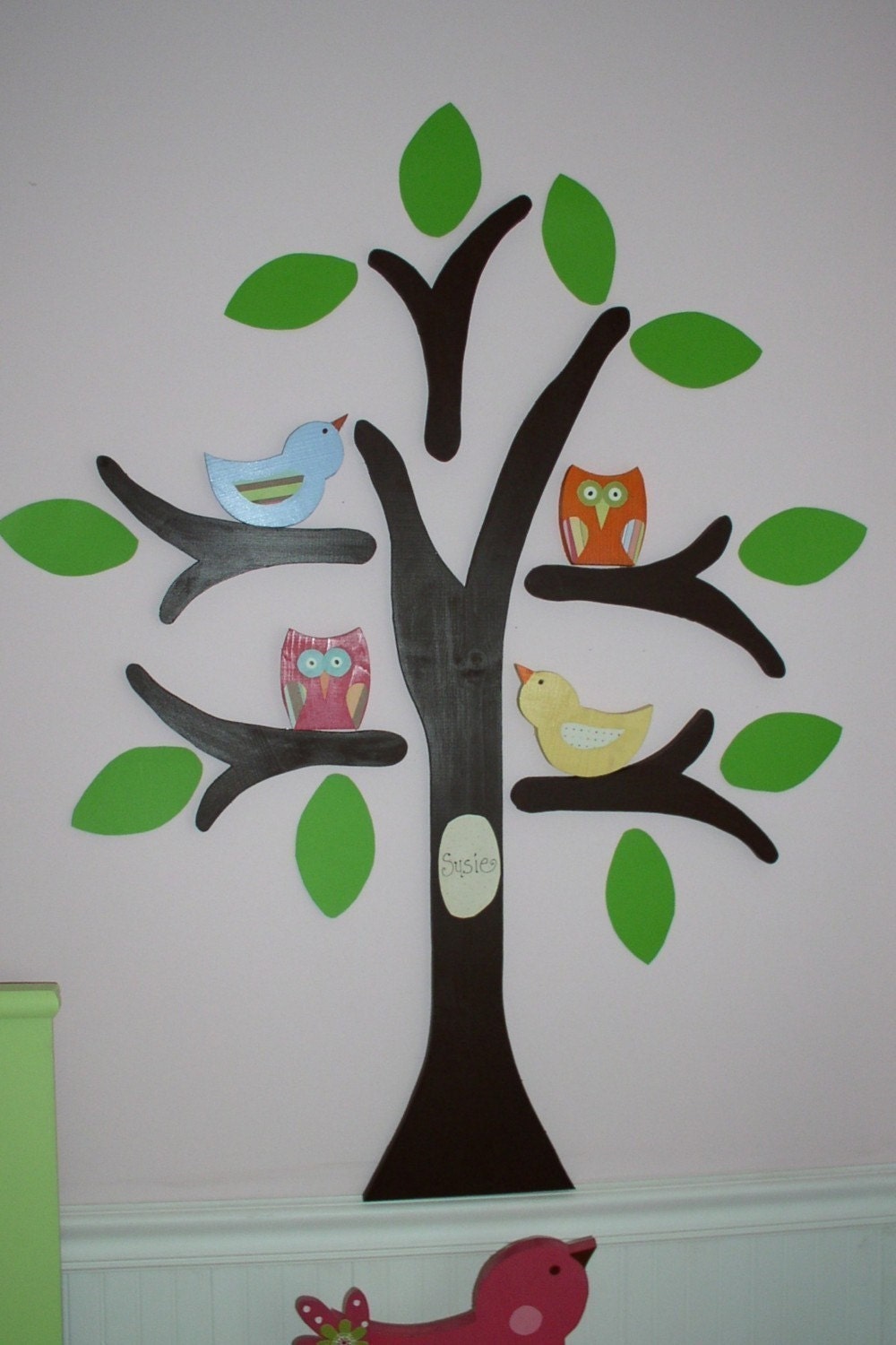 Wooden Tree with 2 owls 2 birds and 10 leaves real wood personalized wall decor
