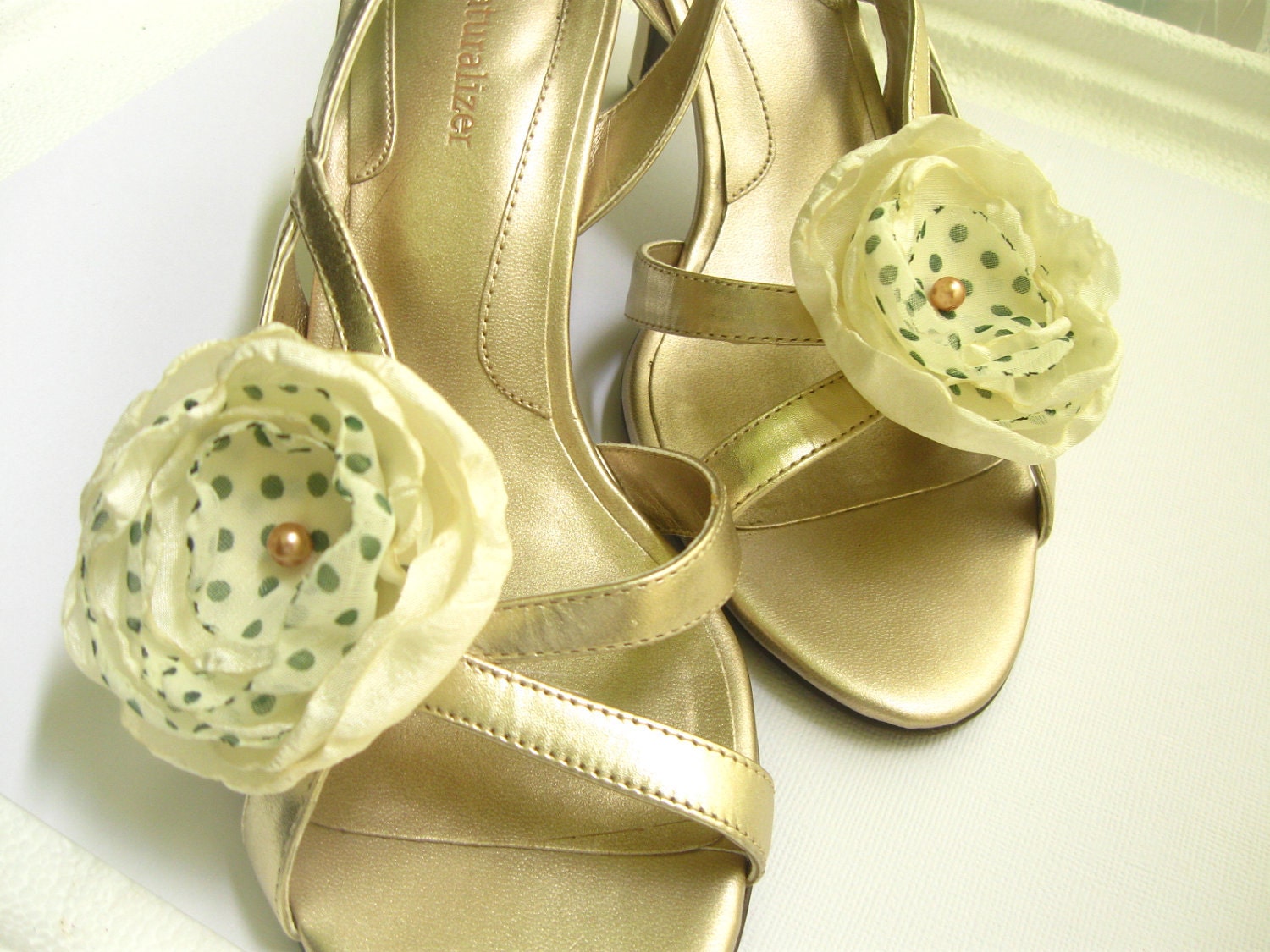 Cream and Green polka dot flower shoe clips