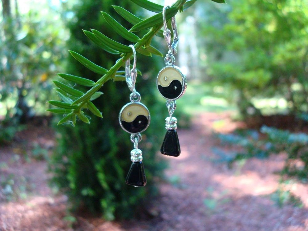 Ying And Yang Dangle Earrings, Vintage, Black, Chaldoney, Sterling Silver