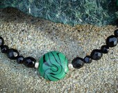 Black and Green Necklace, Vintage Beads, Czech Glass, Sterling Silver
