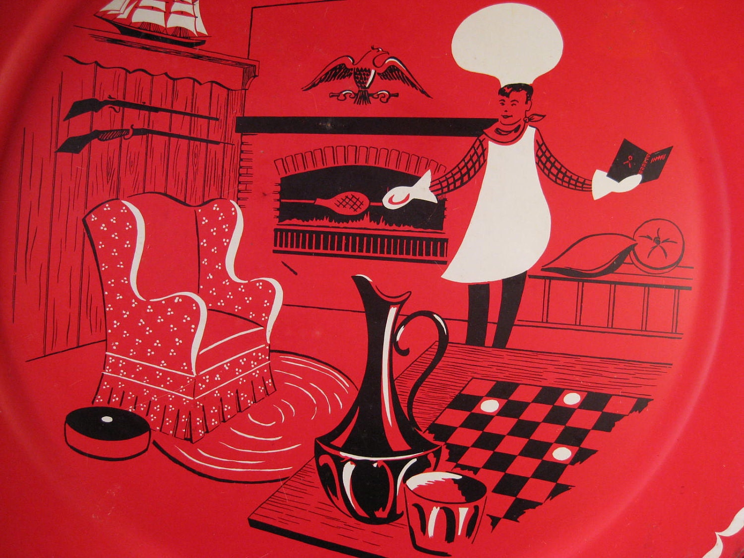 Retro Oversize Stoyke Tin Litho BBQ platter, serving tray, Americana Chef Den, 1950s midcentury graphics design, on Etsy by TheRetroLife