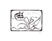 LINOCUT PRINT - Maritime squid and pirate ship BLACK letterpress
