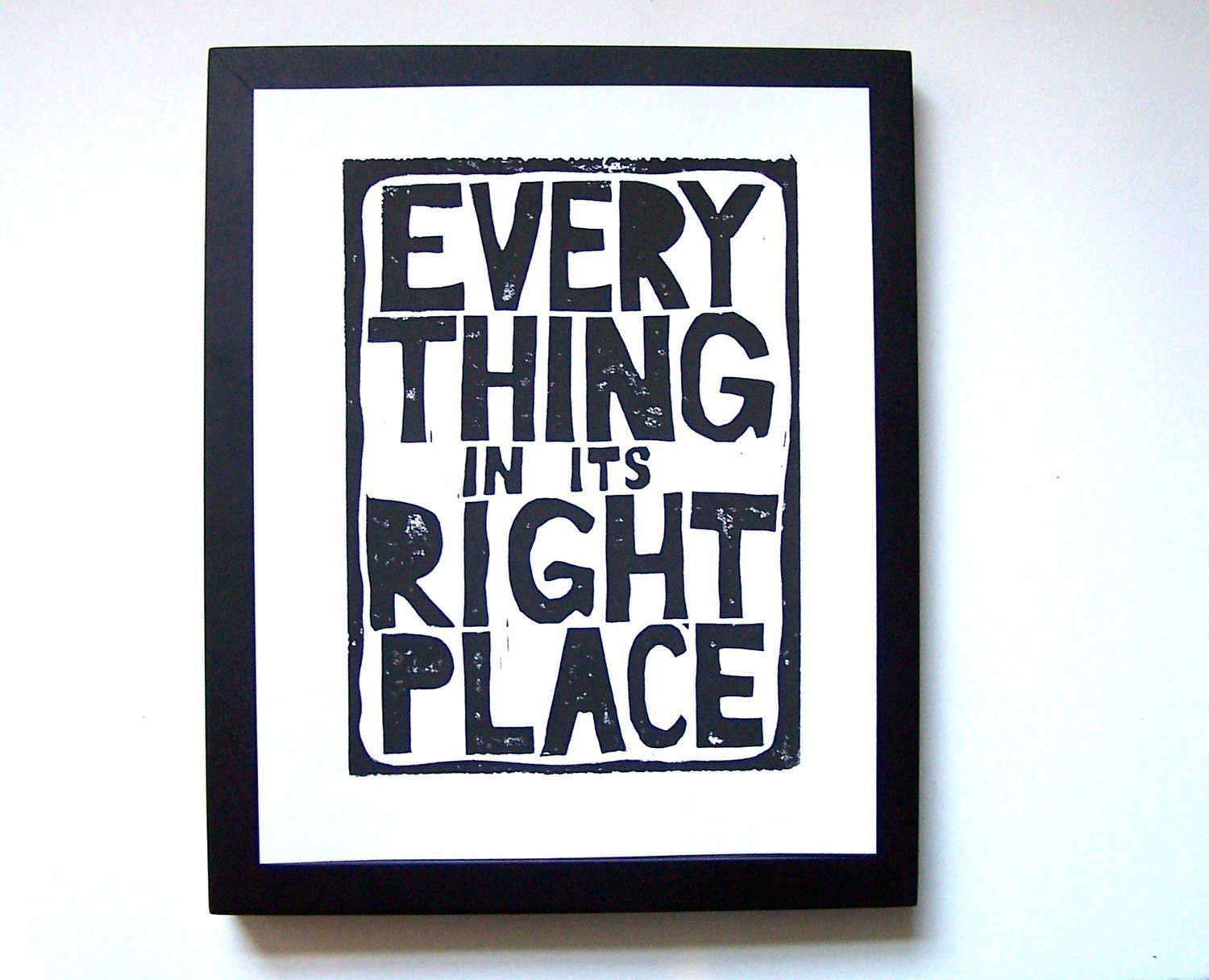 LINOCUT PRINT - Radiohead typography poster BLACK - letterpress 8x10 Everything in its right place