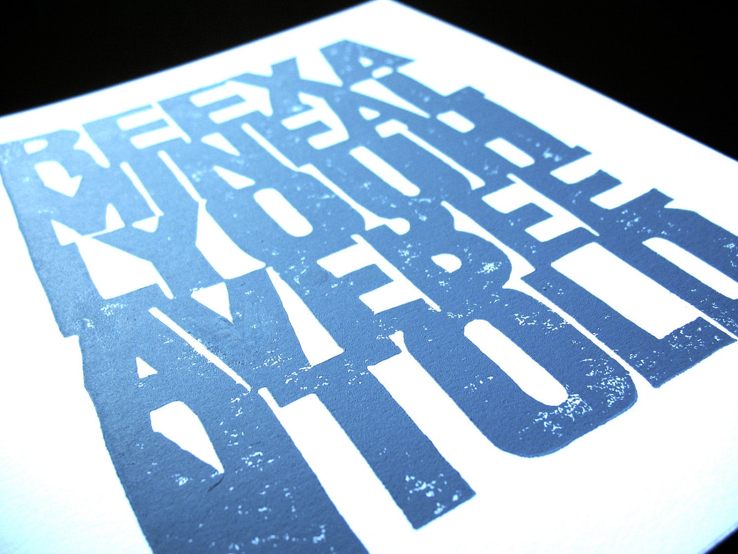 LINOCUT PRINT -  Reexamine LINOCUT (blue-grey) letterpress typography poster 8x10
