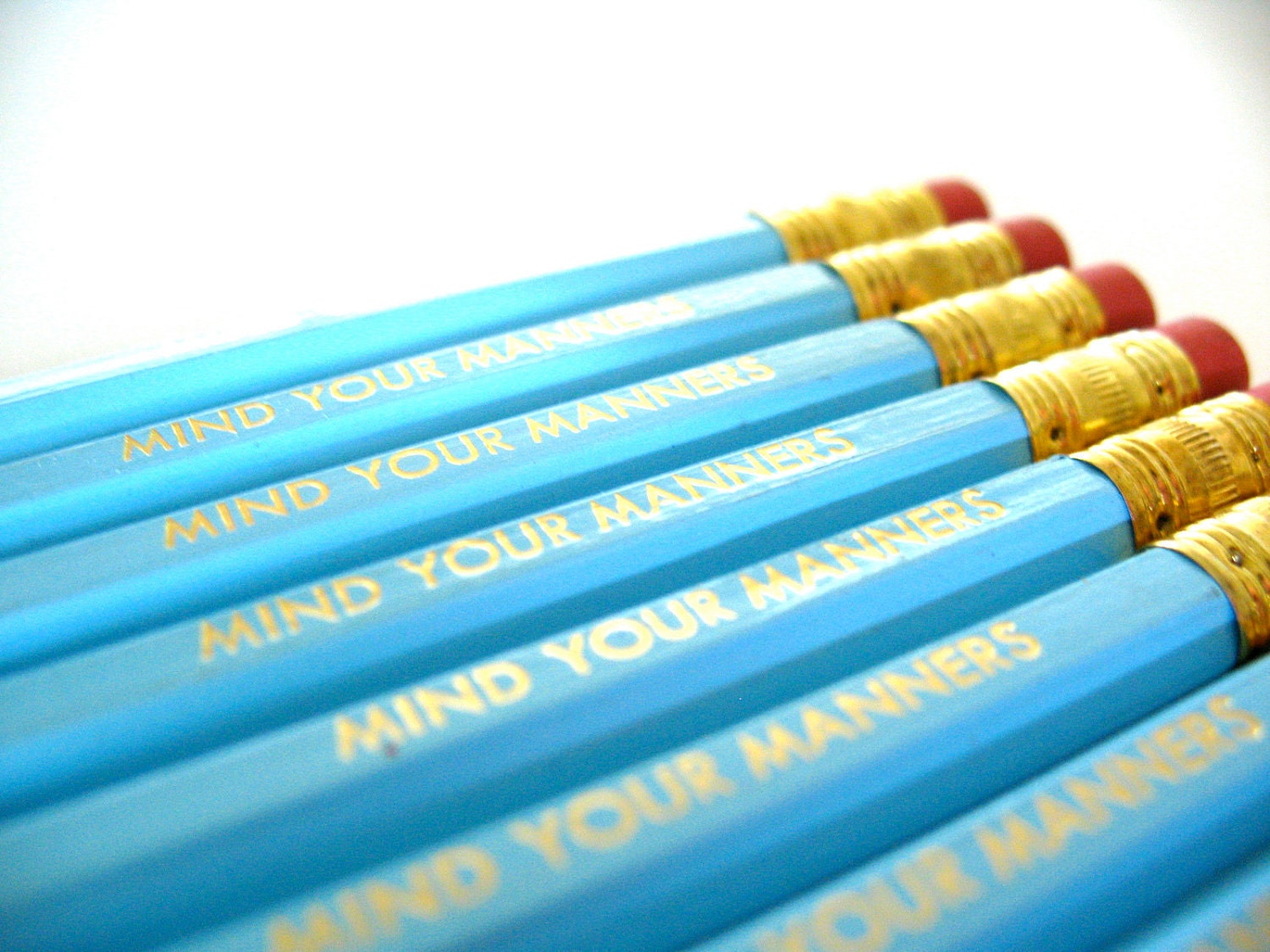 PENCILS (6) light blue - mind your manners - GRAPHITE HEX pencils w/ kraft pencil box