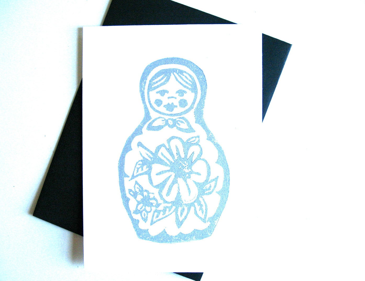 CARD - Silver Russian Nesting Doll LINOCUT 5x7 - greeting card or mini print