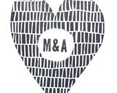 LETTERPRESS PRINT - Custom monogram heart BLACK linocut print 8x10