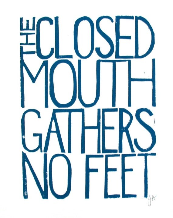 LINOCUT PRINT - The closed mouth BLUE letterpress typography poster 8x10