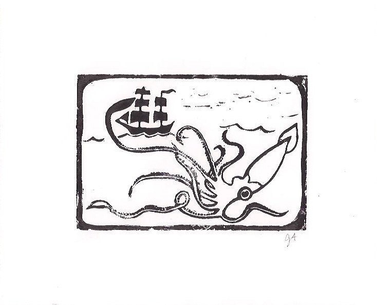 LINOCUT PRINT - Maritime squid and pirate ship BLACK letterpress