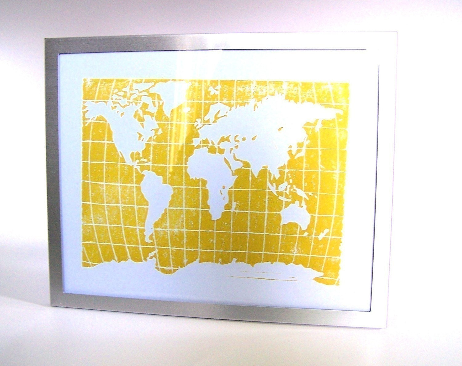 LINOCUT PRINT - world map YELLOW letterpress poster 8x10