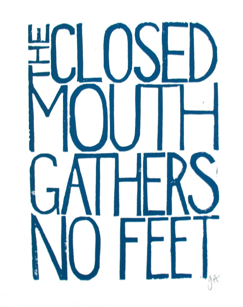 LINOCUT PRINT - The closed mouth BLUE letterpress typography poster 8x10