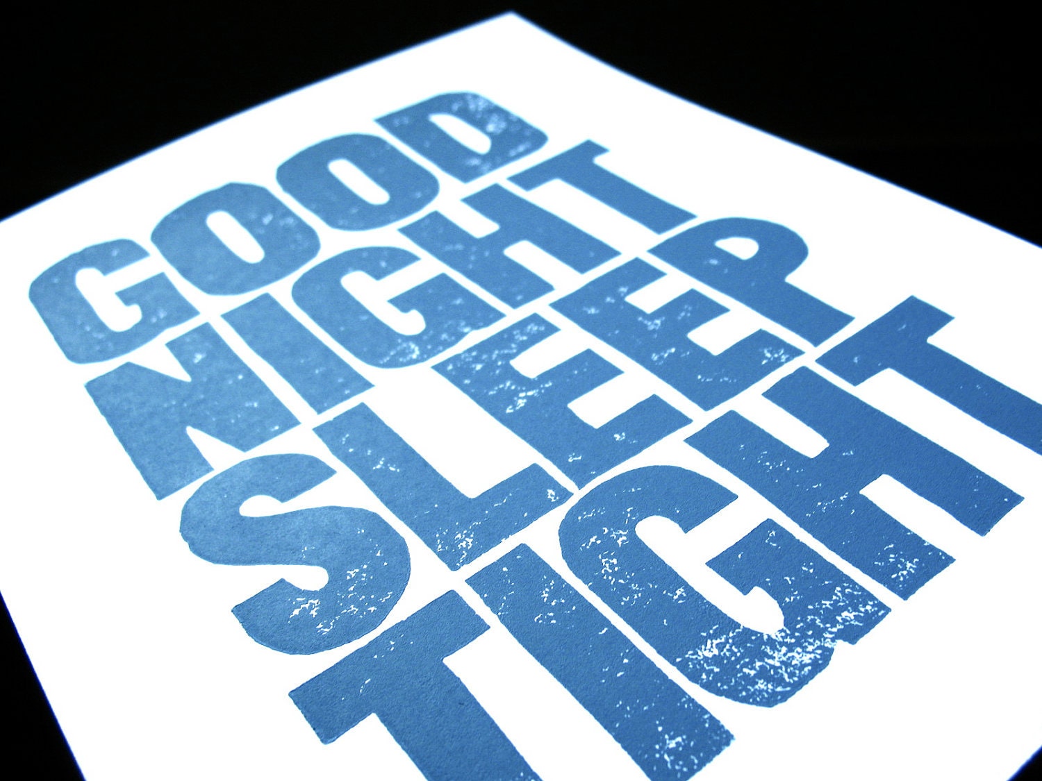 LINOCUT PRINT - Good Night Sleep Tight BLUE letterpress typography poster 8x10