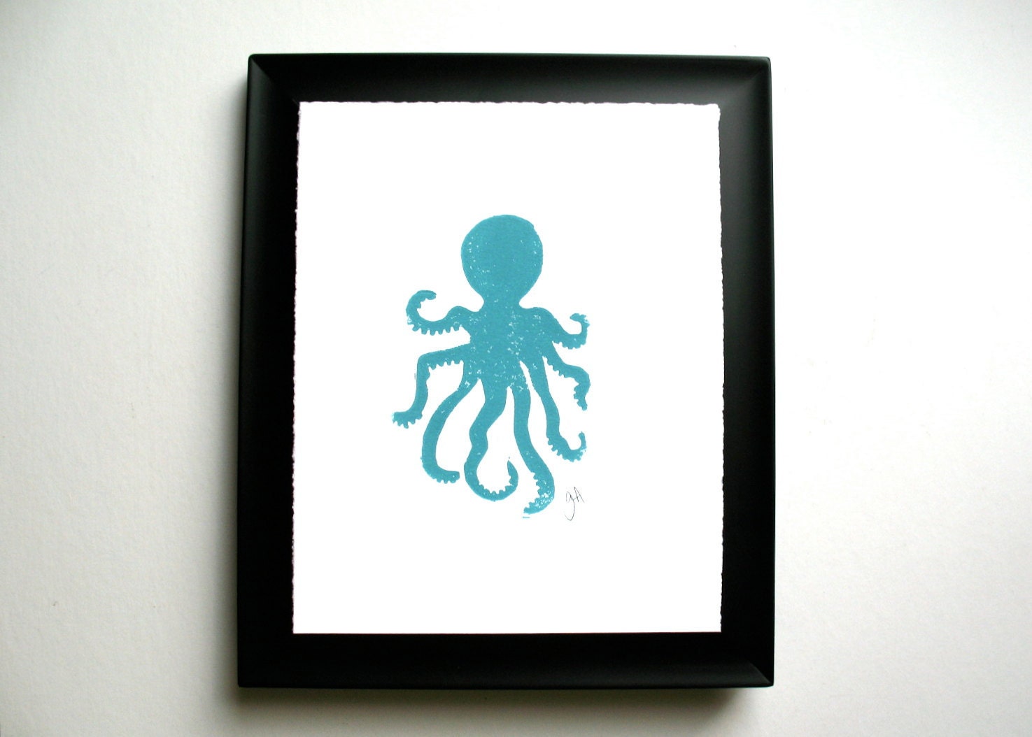LINOCUT PRINT - Octopus TURQUOISE letterpress poster 8x10