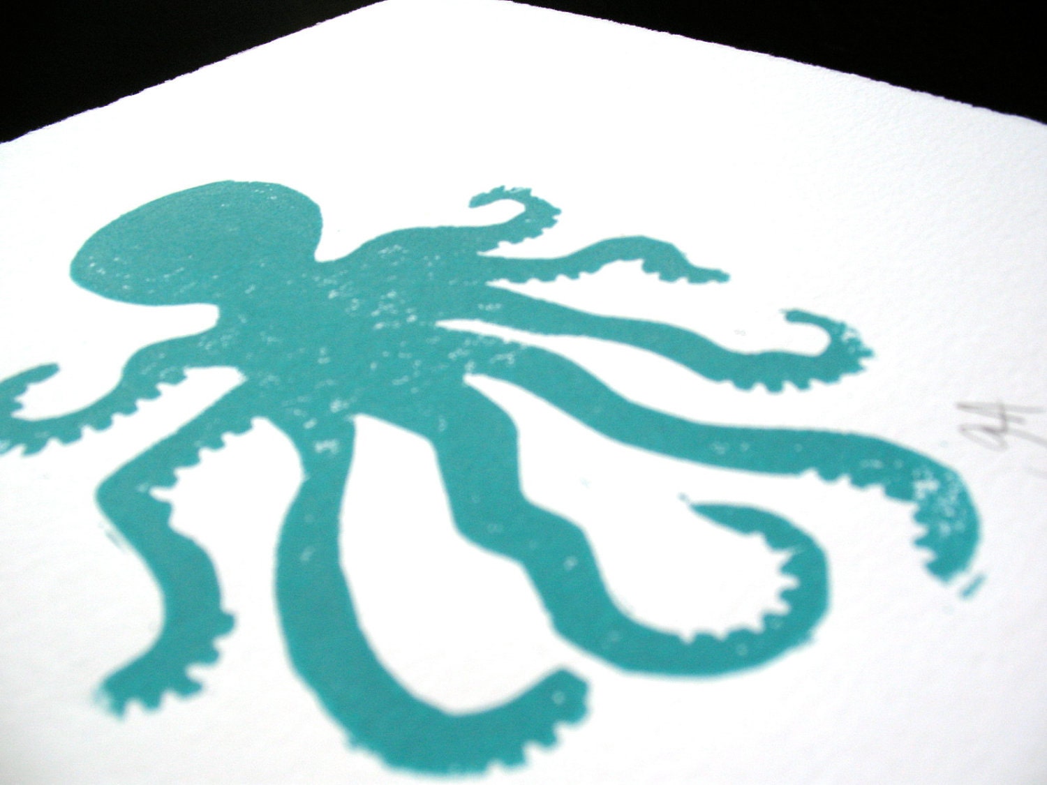 LINOCUT PRINT - Octopus TURQUOISE letterpress poster 8x10