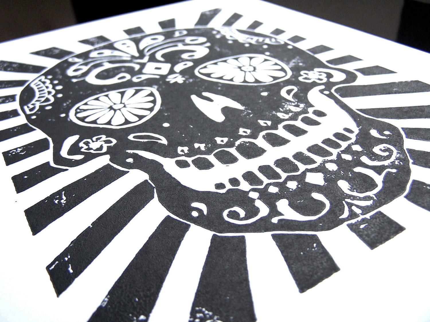 PRINT - Day of the dead skull LINOCUT 8x10 calavera