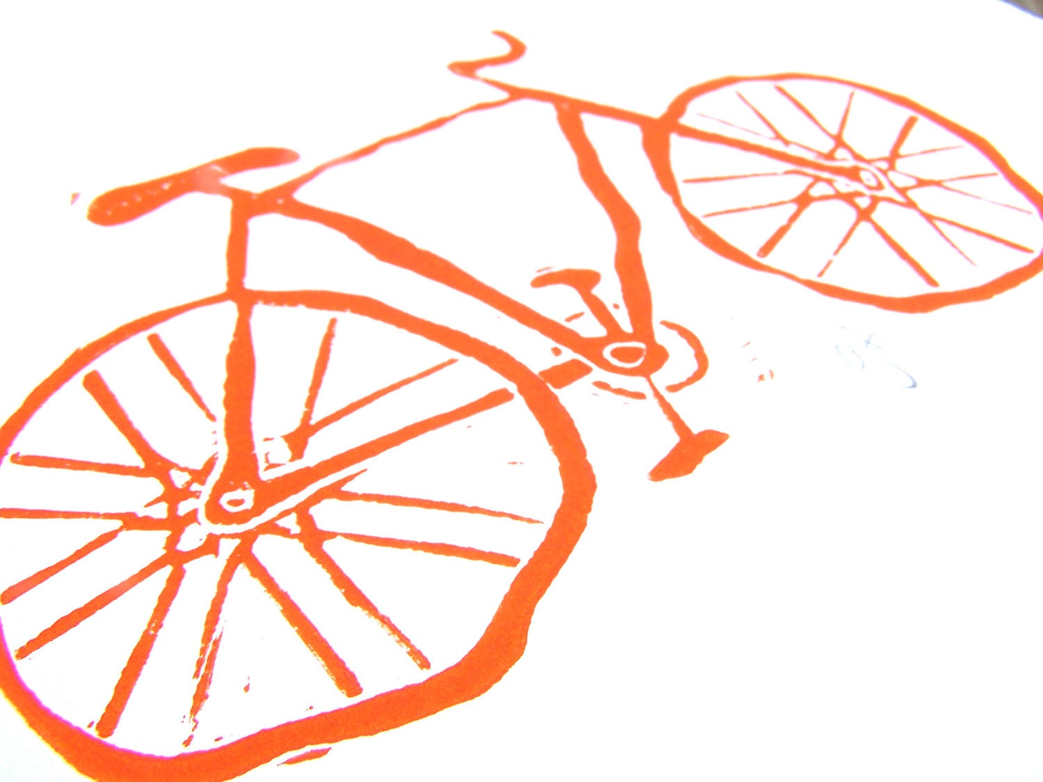 PRINT - Vintage bicycle ORANGE LINOCUT 8x10 letterpress poster