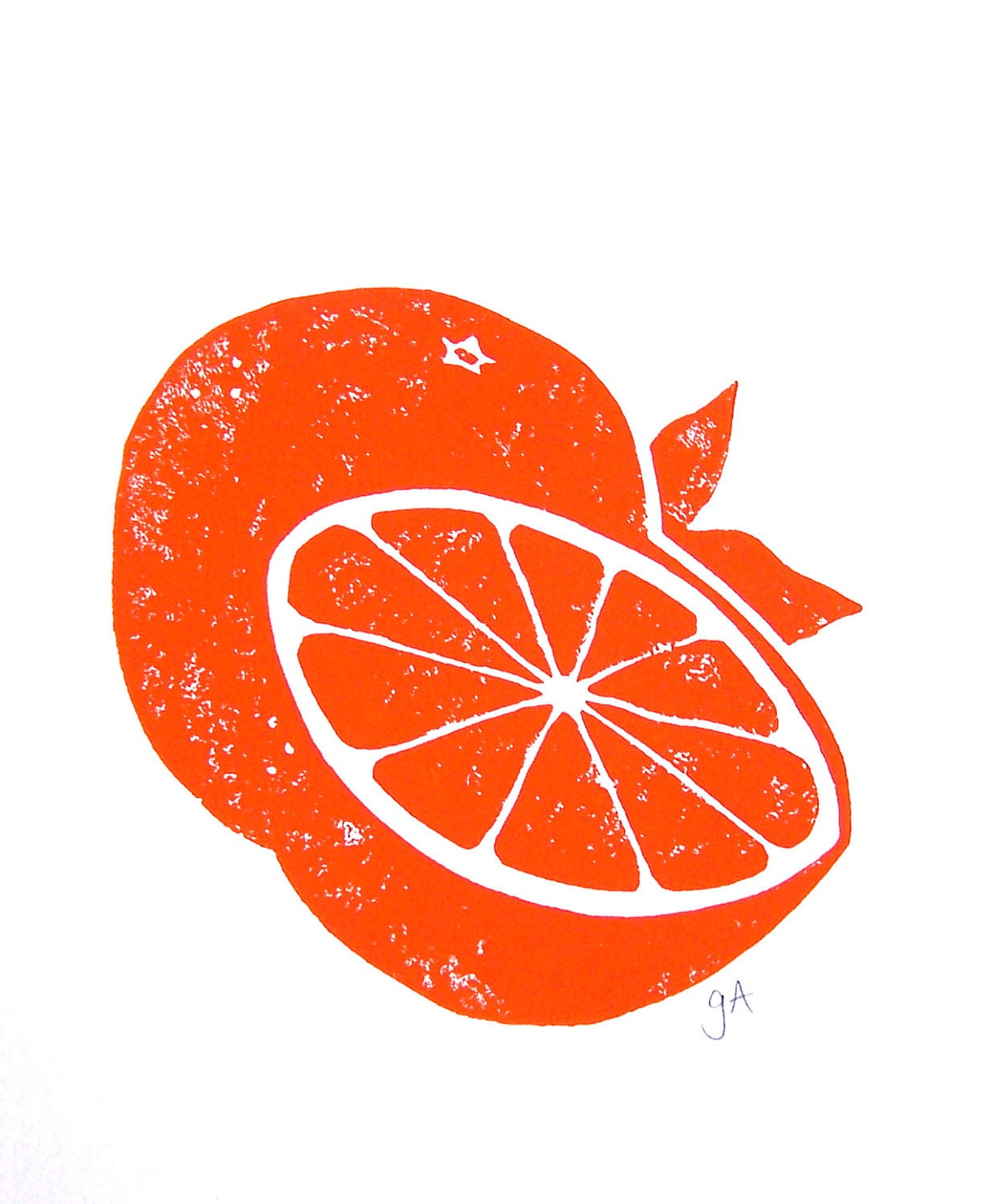 LINOCUT PRINT - Sliced orange poster - citrus fruit 8x10