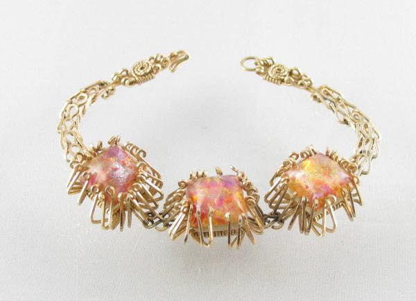 40s handmade gf wire wrapped peach art glass bracelet