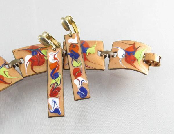 50s swirled enamel copper bracelet and dangle earrings multi color red