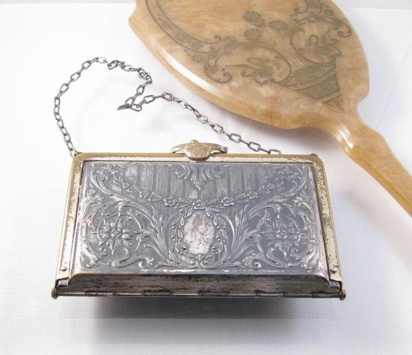 1920s silver and brass floral repoussee evening wallet purse