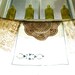 Kitchen Valance, embroidered linens and crocheted doilies, Forget Me Not
