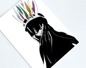 Birds of a Feather Postcard. Girl Illustration. Wall Art Print. College Dorm Decor. Black White.