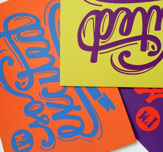 Greeting Card Set, So Excited 3pk , Orange Purple Yellow Song Lyric Typography Art