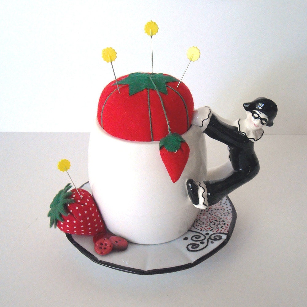 ooak handmade poirot handled pin cushion in cup and hand designed saucer - gypsys terri 2012