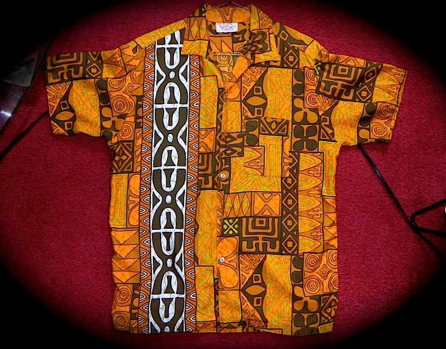 Vintage 60s Hawaiian Aloha Shirt Tribal Tiki Print M L 46 47 -on sale