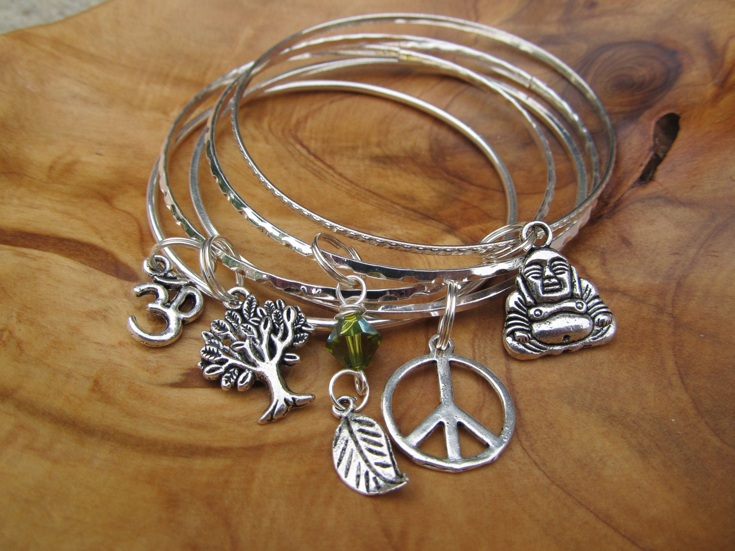 NAMASTE Lucky Buddha Bangle Bracelet Set with Buddha, Om, Tree of Life and Peace, Yoga Jewelry, Zen, Spiritual