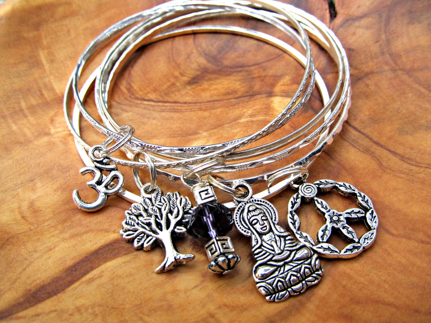 PEACE Buddha Bangle Bracelet Set with Buddha, Tree of Life, Om, Peace Sign, Amethyst Dangle, Zen, Yoga Jewelry, Buddhism, Spiritual,Namaste