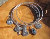 PROTECTION FROM EVIL -  Buddha, Om, Hamsa with Evil Eye, Elephant, Tree of Life, Bangle Bracelet Set - Zen, Yoga, Buddhism, Namaste