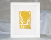 Bright Light Bulb, Typography Poster, Raw Art Letterpress, Wall Art, Kids Room Decor, citirine, MENSA, Inspirational Letterpress Print