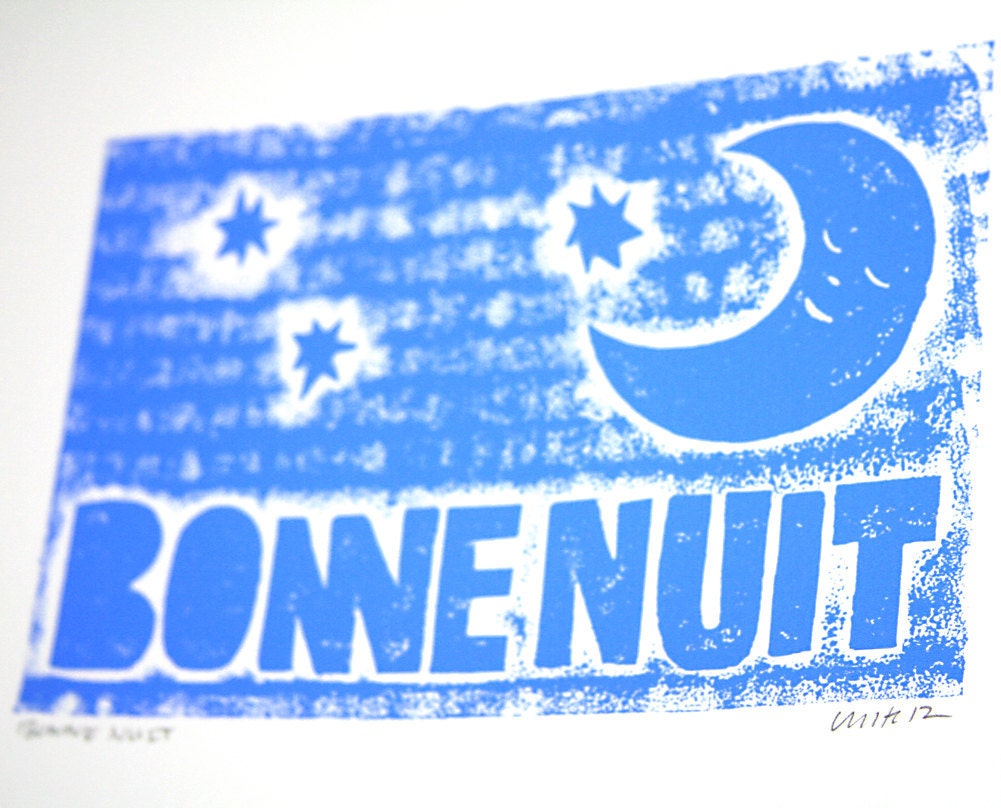 BONNE NUIT  Wall Art, Nursery Decor, French, Baby Room Art Sleep, Raw Art Letterpress