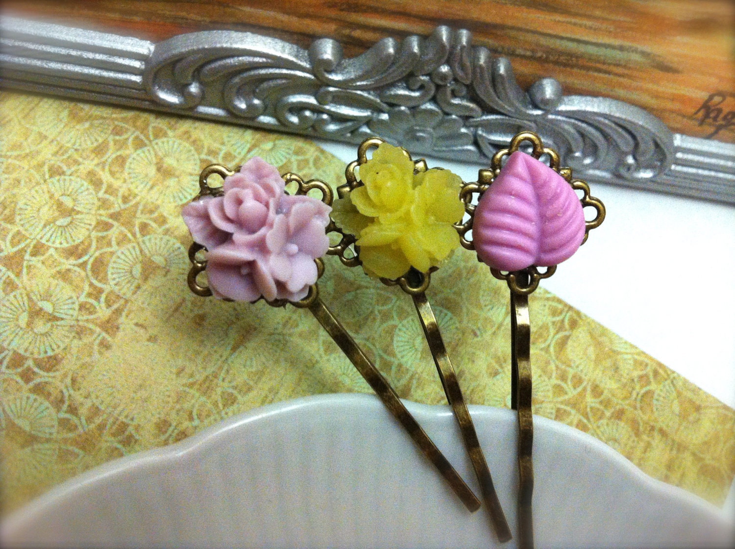 FLOWER BOUQUET I - Set of 3 - Brass Hair Pins/A Collection Of Cabochons