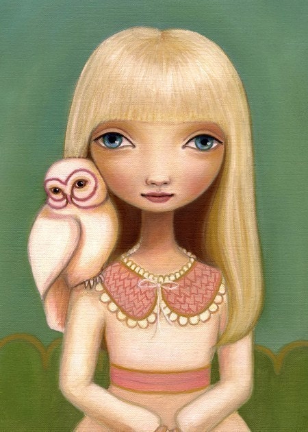 art Owl Big Eye Girls nursery room wall art decor print pink and green nursery room decor - premium matte paper 5x7 Elsaby Marisol Spoon