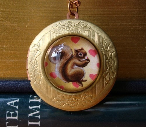 Locket Squirrel pendant art necklace brass locket glass pendant gold locket squirrel jewelry - boho vintage locket by Marisol Spoon
