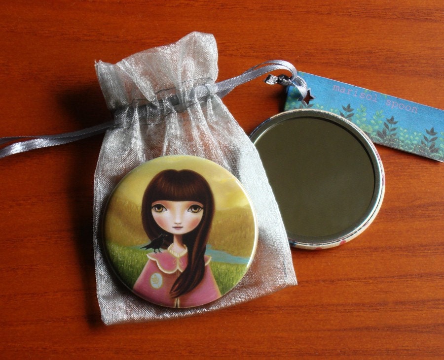 Girl and raven crow pocket mirror hand mirror  bridesmaid gifts  Early Morning Breeze by marisol spoon