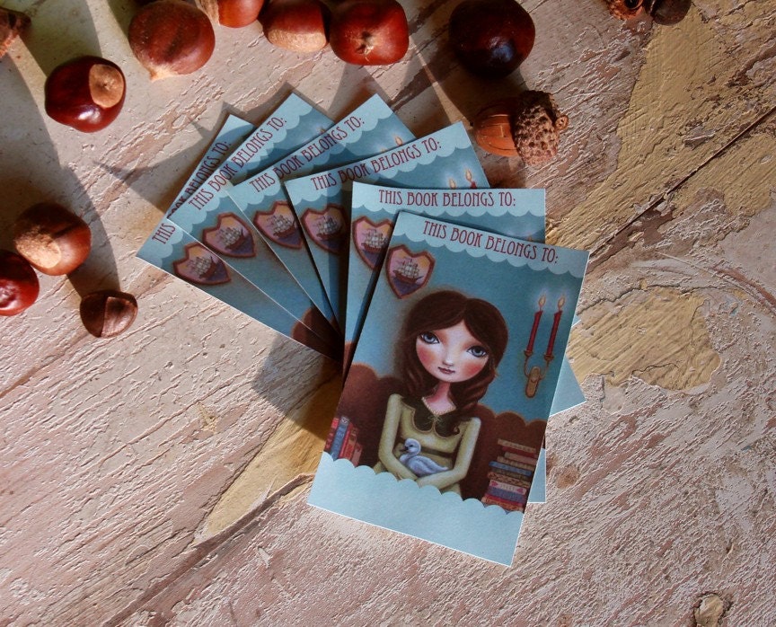 Bookplates big eye girl book labels journal pop surrealism portrait  - The Reading Room - 8 Bookplates