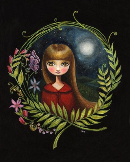 Girl Moon art print 8x10 print night sky flower girl hasel eyes big eyed floral art - 8x10 print little red riding hood art by Marisol Spoon