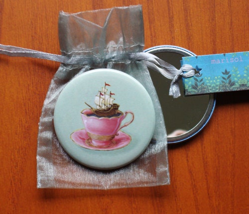 pocket mirror teacup ship nautical bridesmaid pocket mirror tea party favor high tea Long Trip To Tea Time  by Marisol Spoon