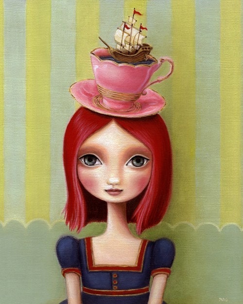 Big eye girl redhead art 8x10 wonderland art print pink hair tea cup illustration ship art nautical painting art print by Marisol Spoon